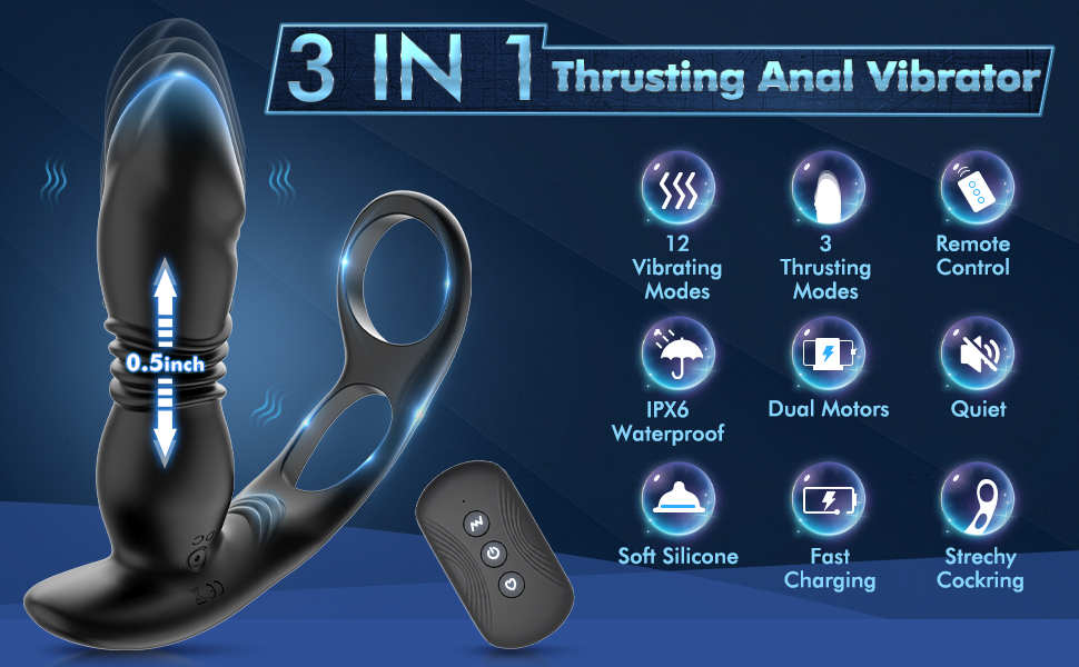 Lovesvibe 12 vibration modes thrusting butt plug, 3 in 1 dual cock ring anal dildo