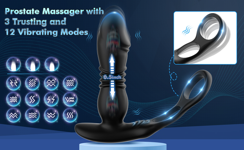 Lovesvibe 12 vibration modes thrusting butt plug, 3 in 1 dual cock ring anal dildo