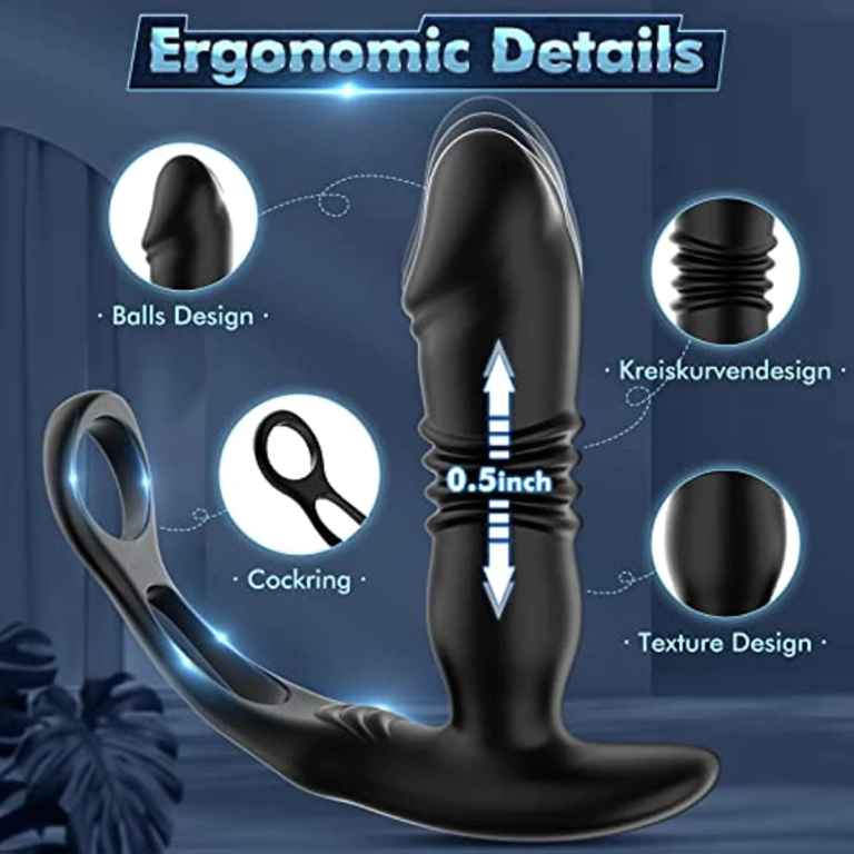 Lovesvibe 12 vibration modes thrusting butt plug, 3 in 1 dual cock ring anal dildo