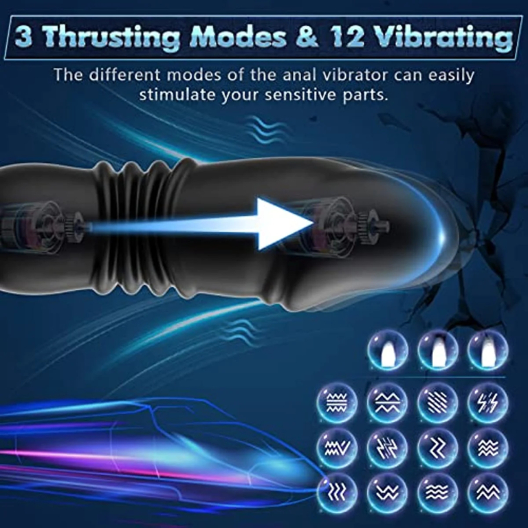 Lovesvibe 12 vibration modes thrusting butt plug, 3 in 1 dual cock ring anal dildo