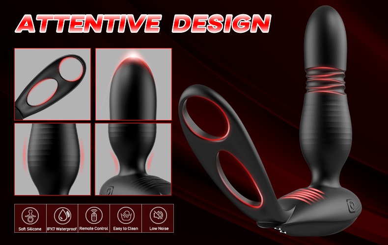 Alfred low noise 10 thrusting vibrating double cock rings prostate massager with remote control