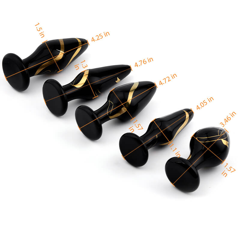 Lovesvibe Portable Glass Wide Butt Plug Couple Expanding Black Gold Anal Toys Sets - 5 PCS