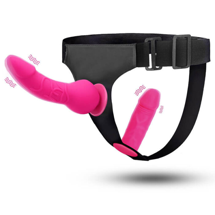 Harness strap-on dildo with 2 adjustable dildos & remote control for female couple lesbian red