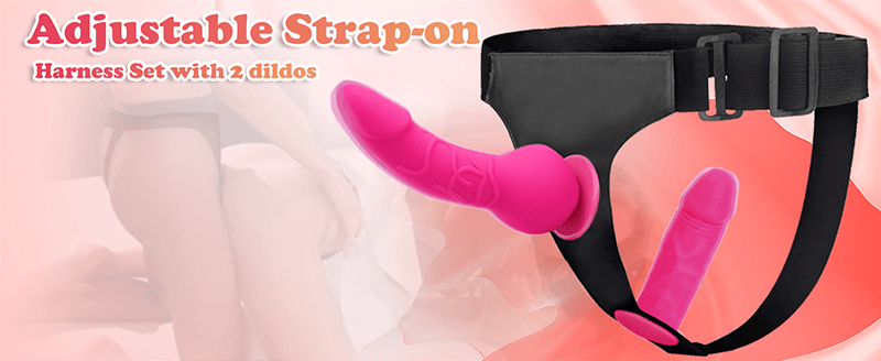 Harness strap-on dildo with 2 adjustable dildos & remote control for female couple lesbian red