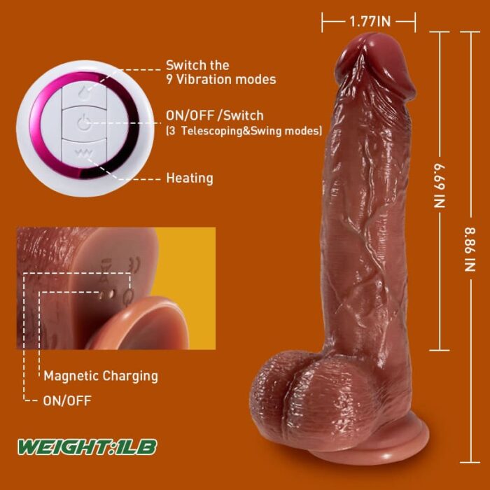 Neil 9 vibrating 3 telescoping ultra-realistic dildo with heating & remote control